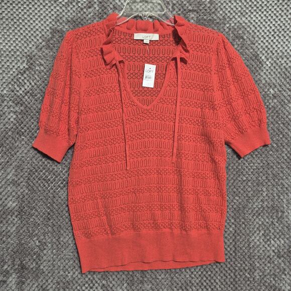 Loft Eyelit Ruffle Collar Blouse Women Large Coral S/S Sweater Open Knit VNeck - Picture 1 of 7